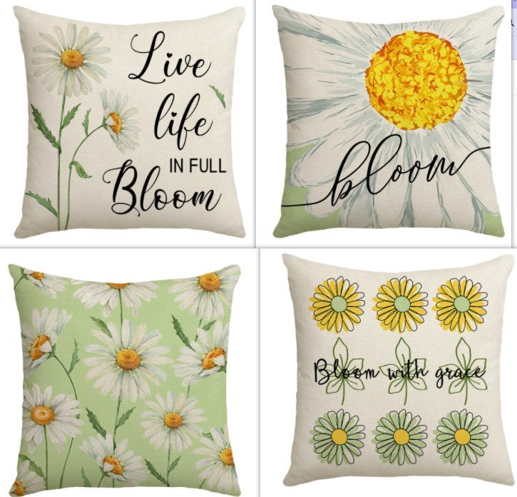 Summer Chrysanthemum Pillow Cover - Green Plant Flower Linen