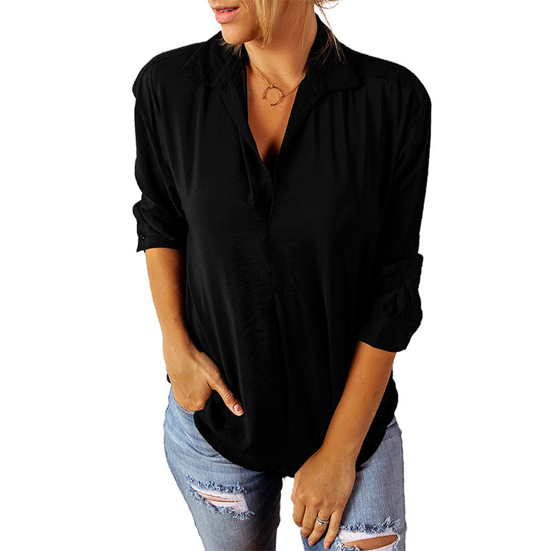 Polo Collar Solid Color Chiffon Blouse Women's Long Sleeve Loose Top