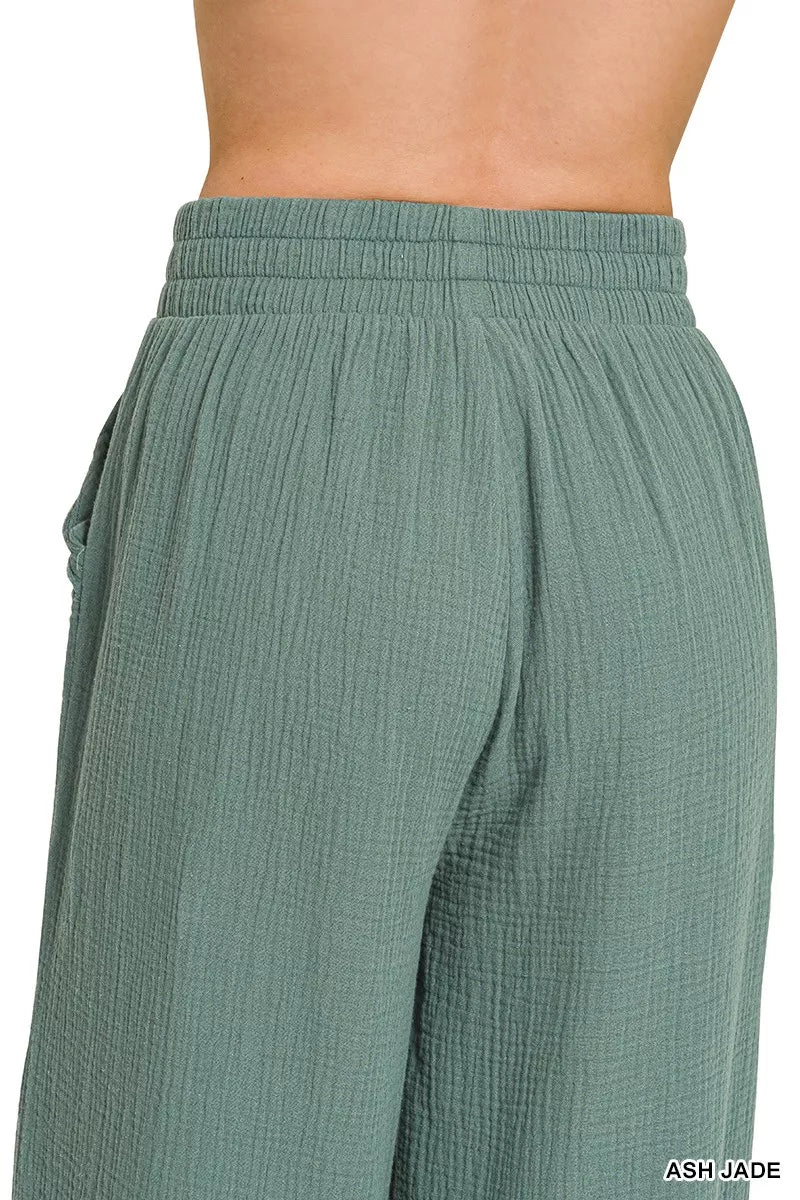 Women’s double gauze pants styled for coastal vacations