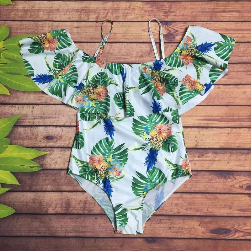 One-shoulder Printed Lotus Leaf Swimsuit Off-shoulder Triangle One-piece Swimsuit