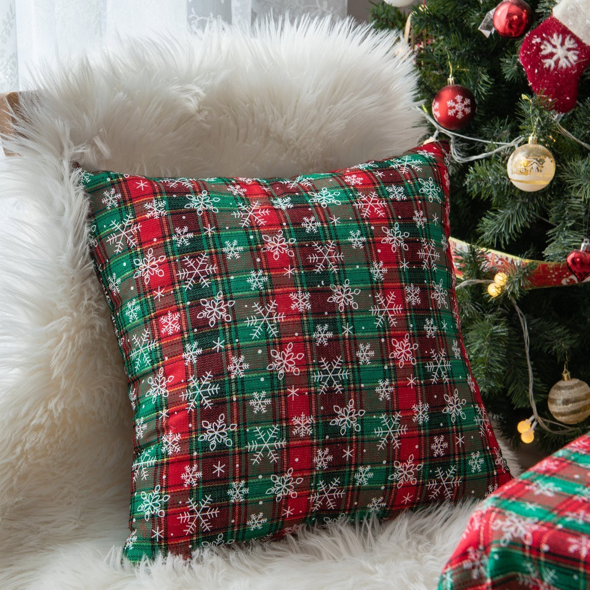 Red Plaid Cotton Throw Pillow Cover