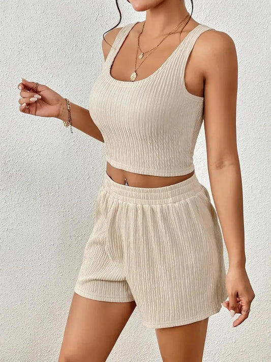 Women’s apricot ribbed two-piece shorts set with scoop-neck top