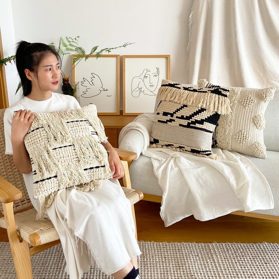 Woven Pillow Cover - Made of Pure Cotton Tassels