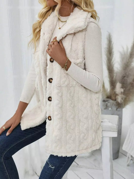 Side view of Aspen plush layering vest styled with jeans