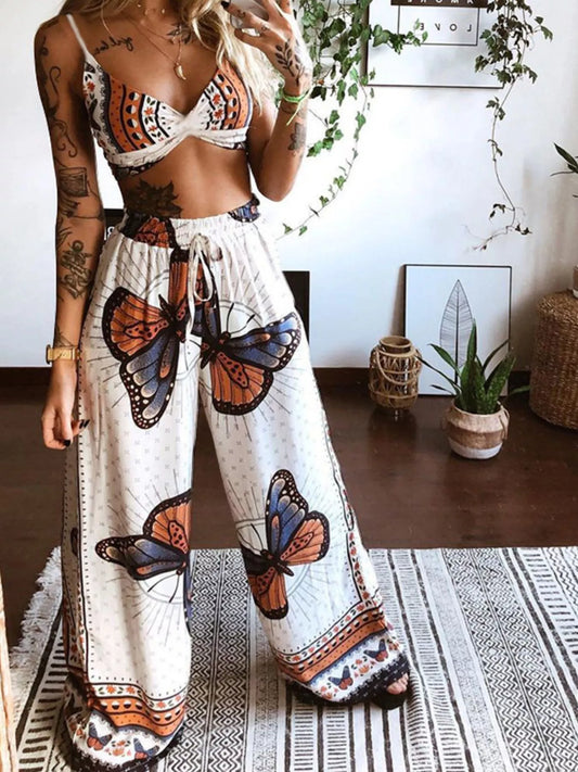 Ibiza butterfly print top and wide-leg pants resort set for women