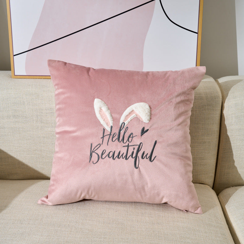 Rabbit Embroidered Velvet Plush Sofa Pillow Cover