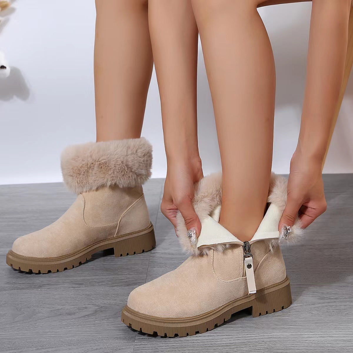 Close-up of plush lining and suede-style upper on Aspen winter boots