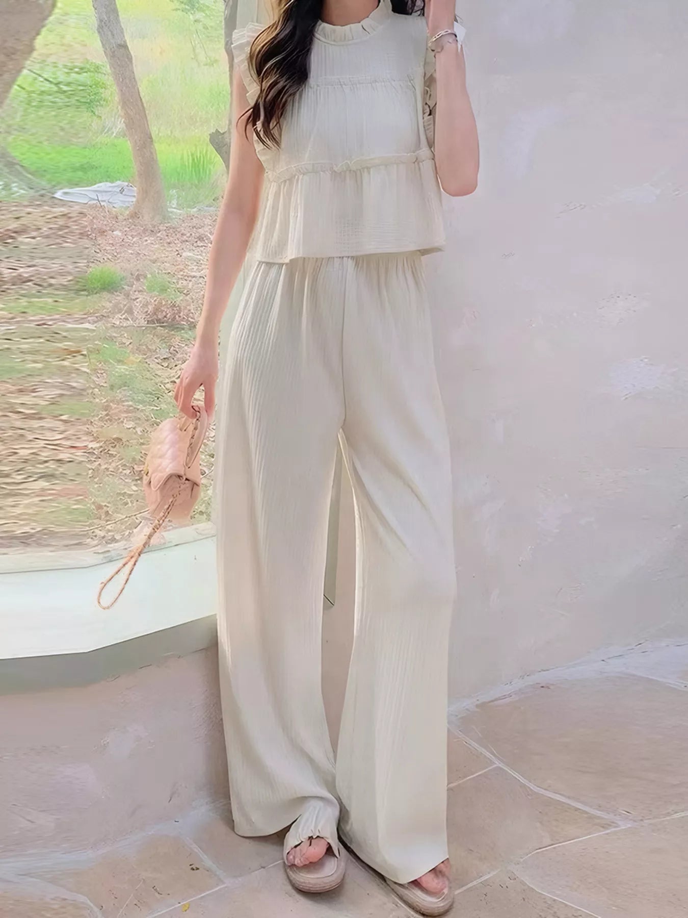 Riviera apricot ruffled top and wide-leg pants set for women