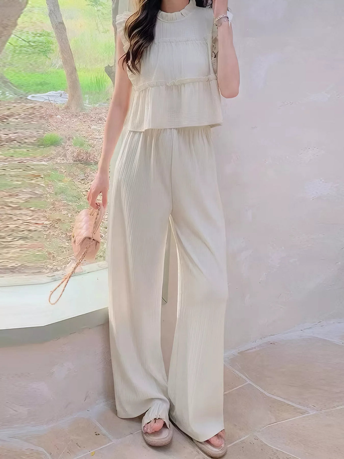 Riviera apricot ruffled top and wide-leg pants set for women
