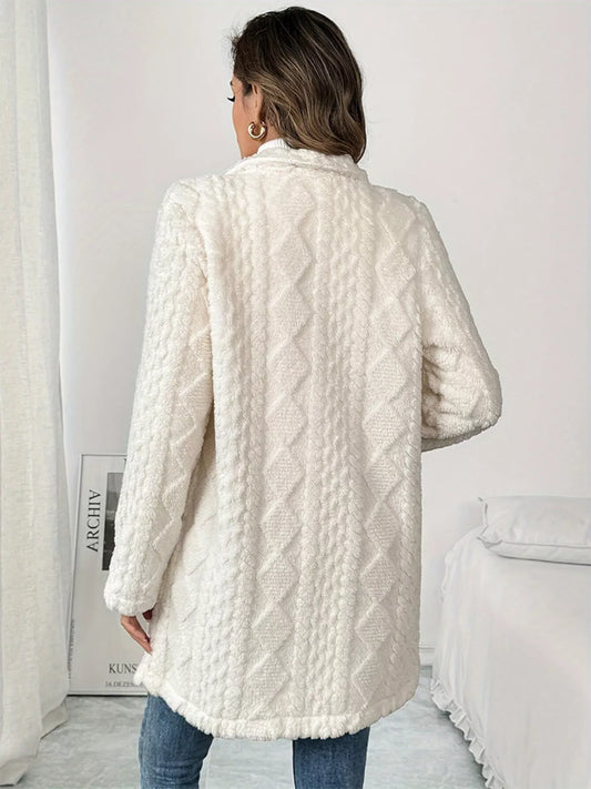 Back view of cozy ivory winter coat for fall and winter layering
