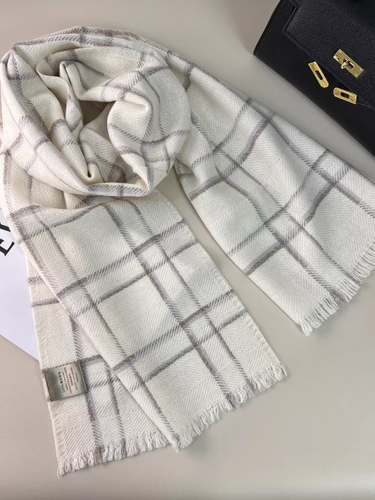 Ivory plaid winter scarf with raw-hem edge detail