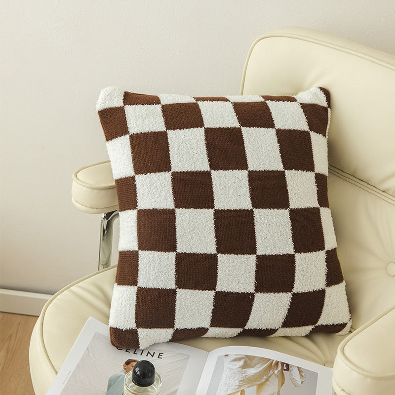 Checkerboard Plaid Plush Knitted Pillowcase