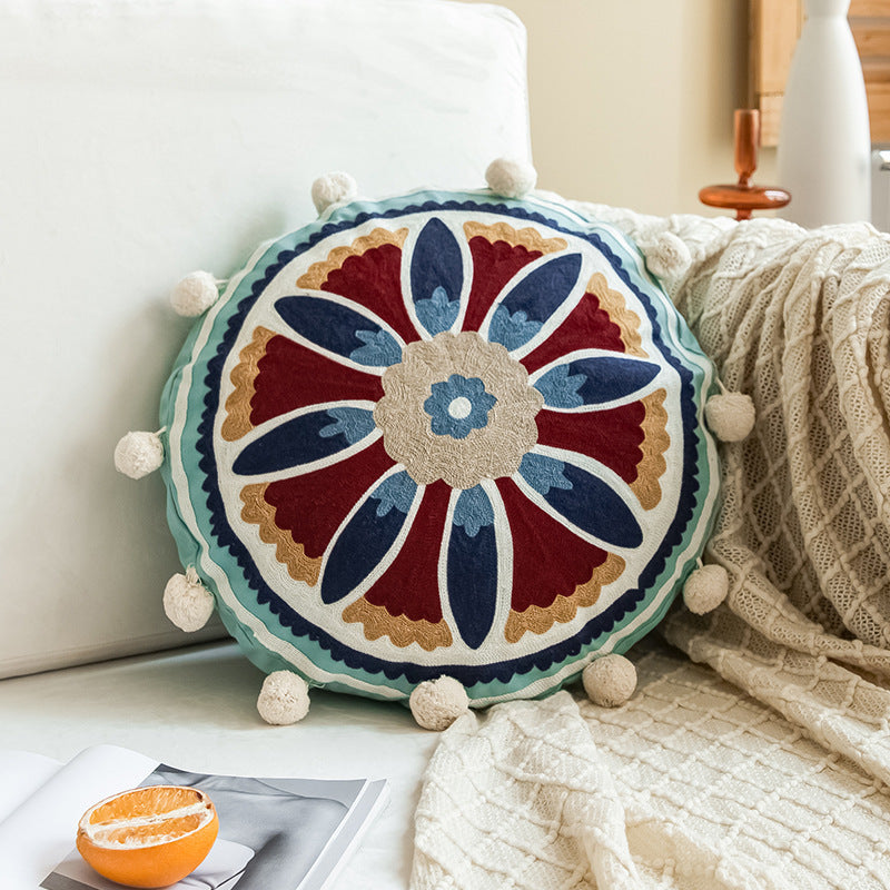 Hand-embroidered Round Pillow Cover