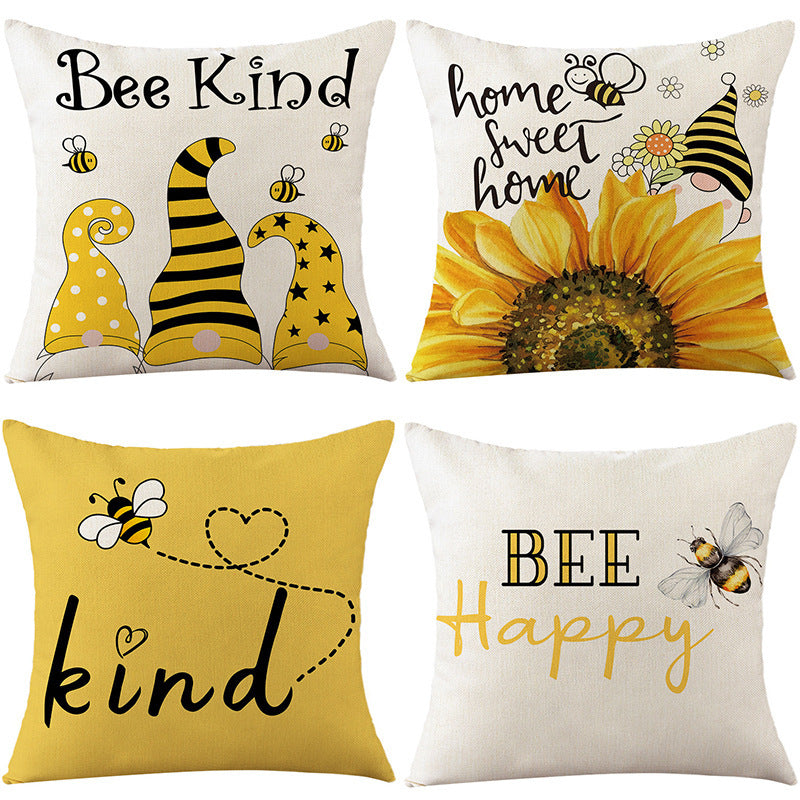 Sunflower Bee Pillow Cover Linen