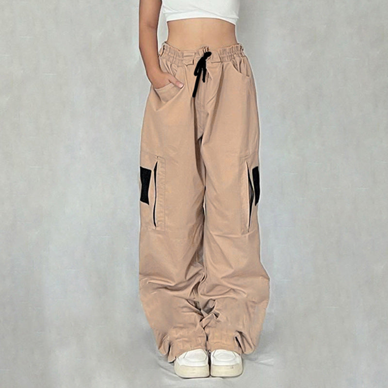 Khaki Sweet Cool Sexy Zipper Pocket Stitching Tied Casual Pants High Waist Loose Contrast Color Woven Pants