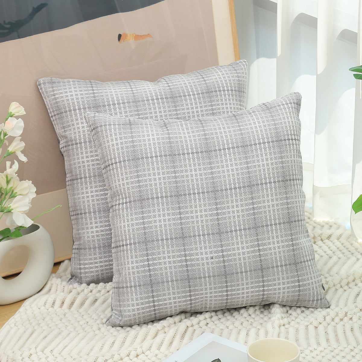 Plaid Linen Pillow Simple Cushion Cover Plain Light Luxury Sofa Cushion