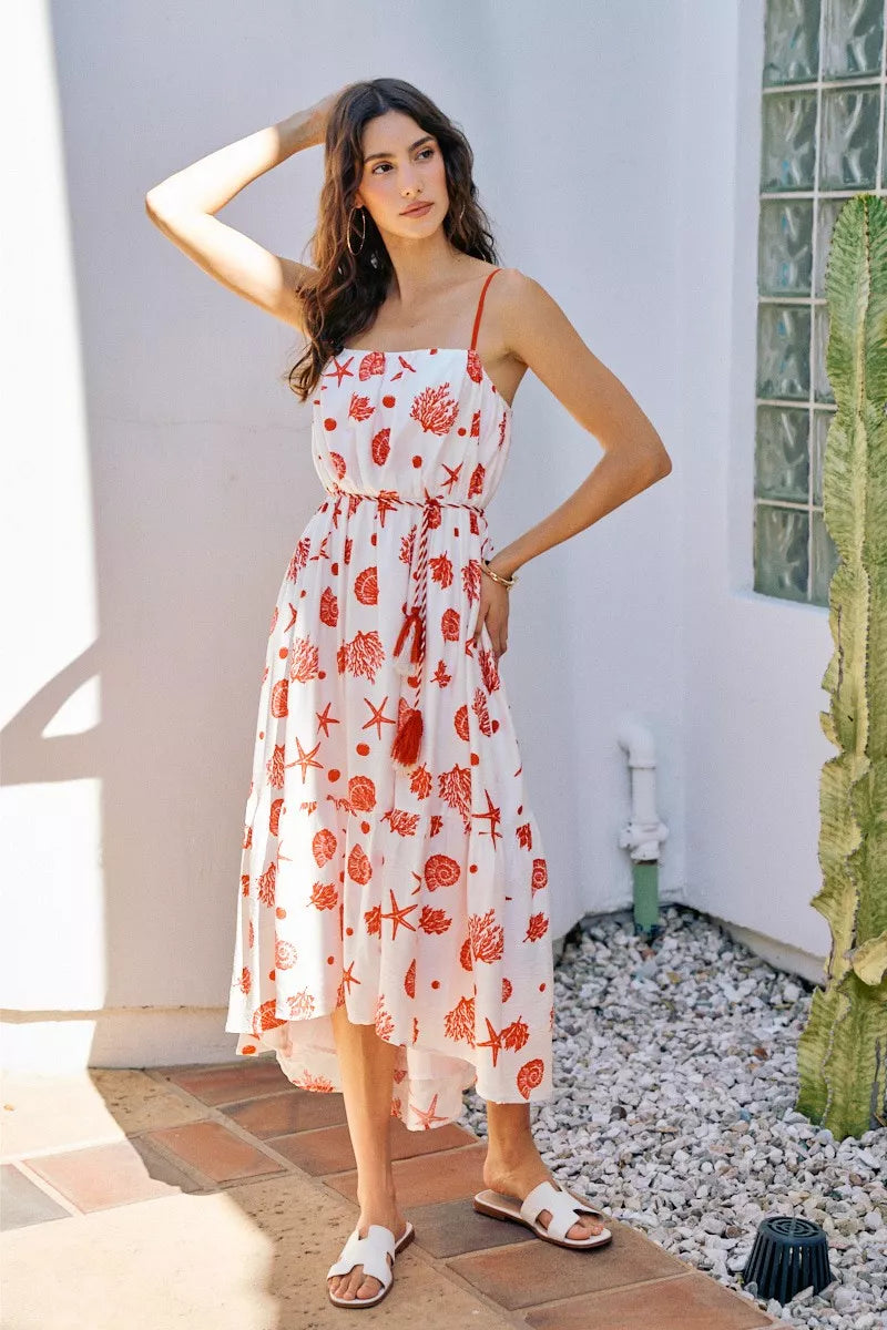 The Amalfi Shell Print Belted Midi Dress in Amalfi Red Shell