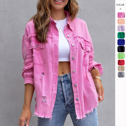 Fashion Ripped Shirt Jacket Female Autumn And Spring Womens Clothing