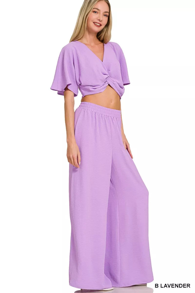 Riviera lavender twist-top and wide-leg pants resort set for women