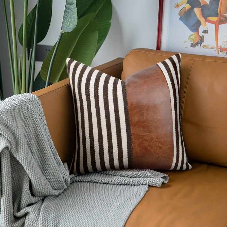 Leather Stitching Thick Stripe Pillow Cover