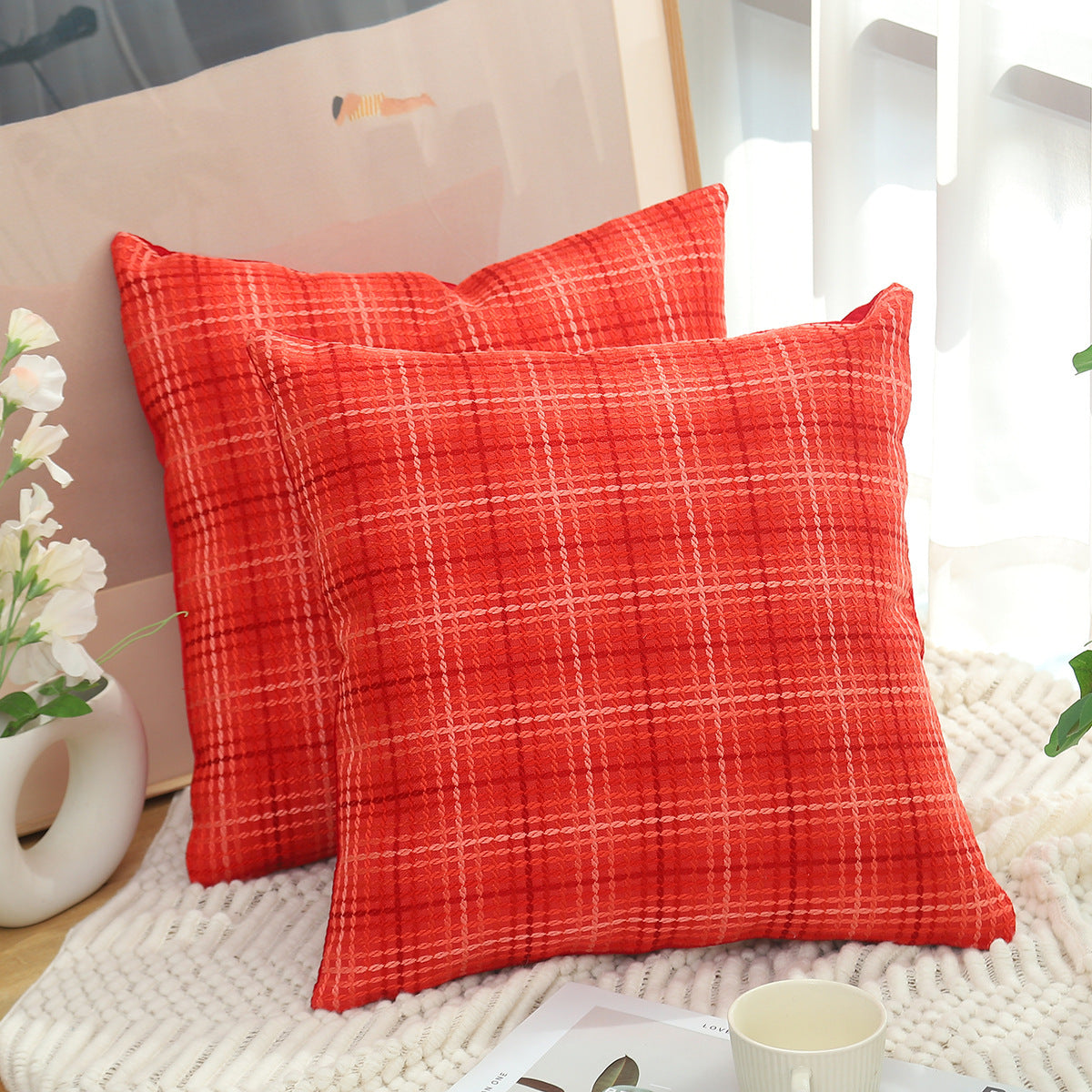 Plaid Linen Pillow Simple Cushion Cover Plain Light Luxury Sofa Cushion