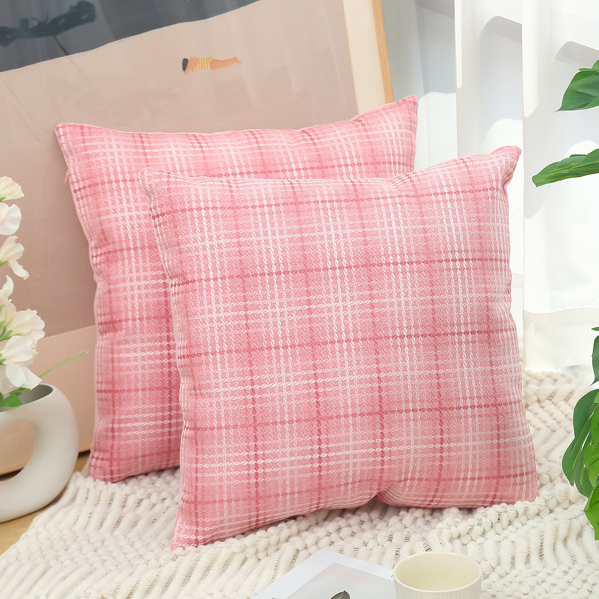 Plaid Linen Pillow Simple Cushion Cover Plain Light Luxury Sofa Cushion