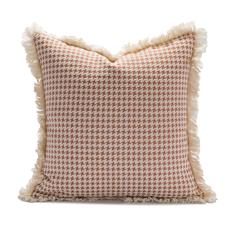 Tassel Lace Wine Houndstooth Orange Pillow Cover