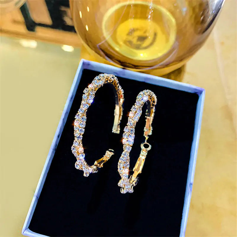 Shiny Screw Crystal Round Hoop Earrings