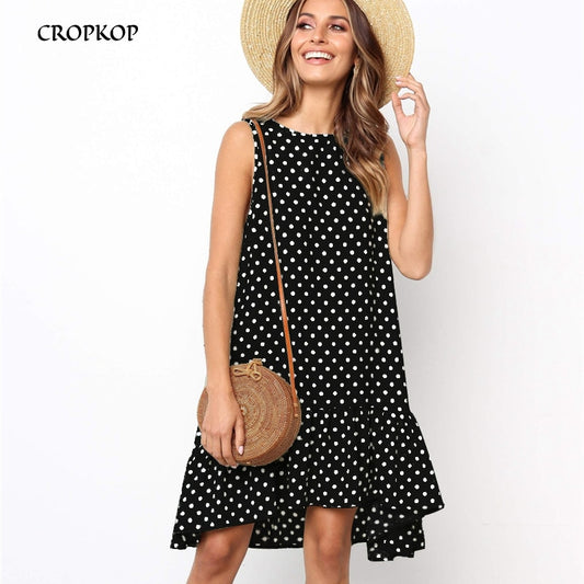 Women's Dress Features Ruffles Polka Dot pattern, Sleeveless silhouette & Regular sleeve style