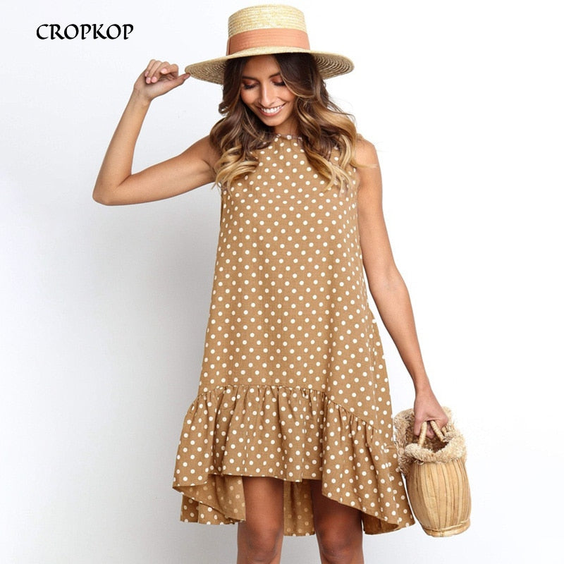 Dress features a fashion Polka Dot print, Sleeveless cut, Casual style, and a Loose fit.