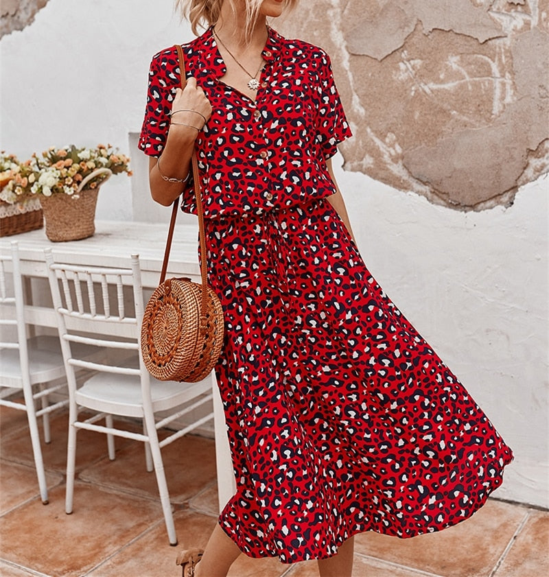 Ladies Bohemian Leopard Print Shirt Dress Women Casual Midi Dress Female A-line Loose Dress Vestidos