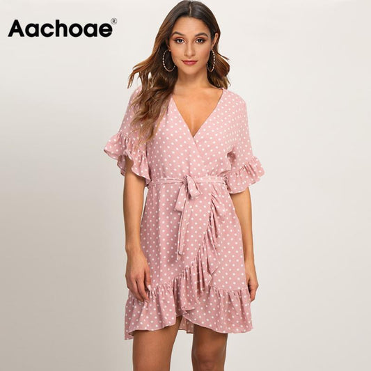 BoHo Style Dress - Short Sleeve V-neck Polka Dot A-line Vestidos - Empire Waistline, Fabric: Chiffon