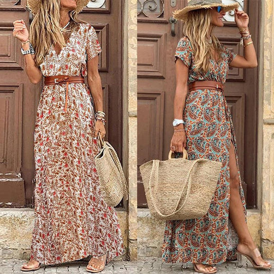 Boho Women V Neck Short Sleeve Paisley Print Belt Large Hem Long Dress with a fashionable waistline, V-neck split, and short sleeves.