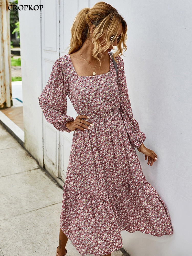 Women's Long Dress for Autumn & Winter featuring Long Sleeve, Elegant Floral print with Square Collar.