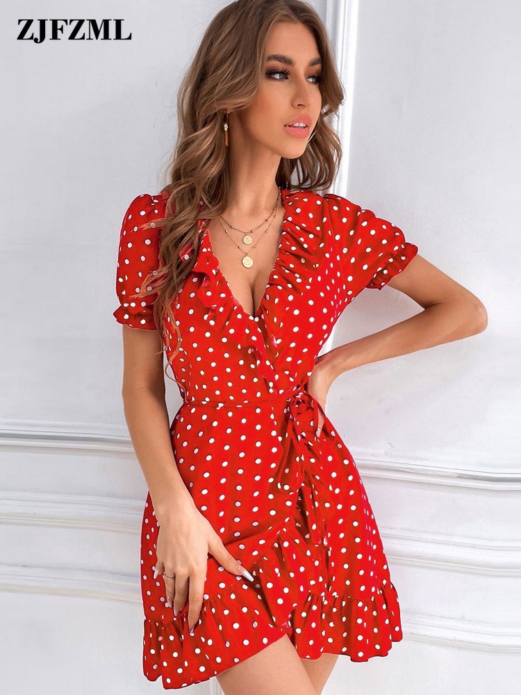 Retro Polka Dot Print One Piece Short Dress Petite Girls V Collar Short Sleeve Party Dresses Luxury Waist Shaped Clubbing Dress