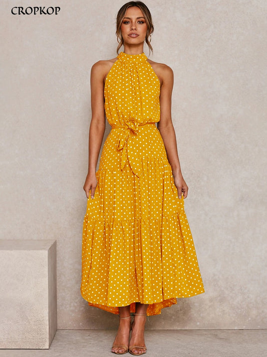 Aachoae Boho Style Dress features a fashion-forward sleeveless dress adorned with a stylish polka dot A-line pattern