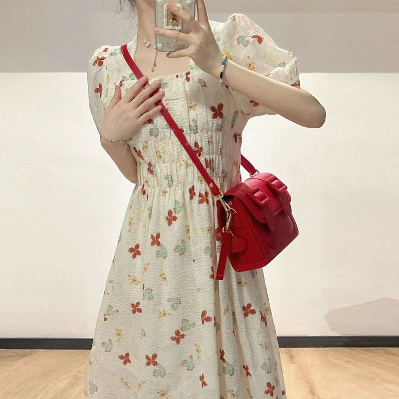 Petite Elegant and Exquisite Floral Print Dress Beautiful Waistline Perfect Outfit for Women white dress